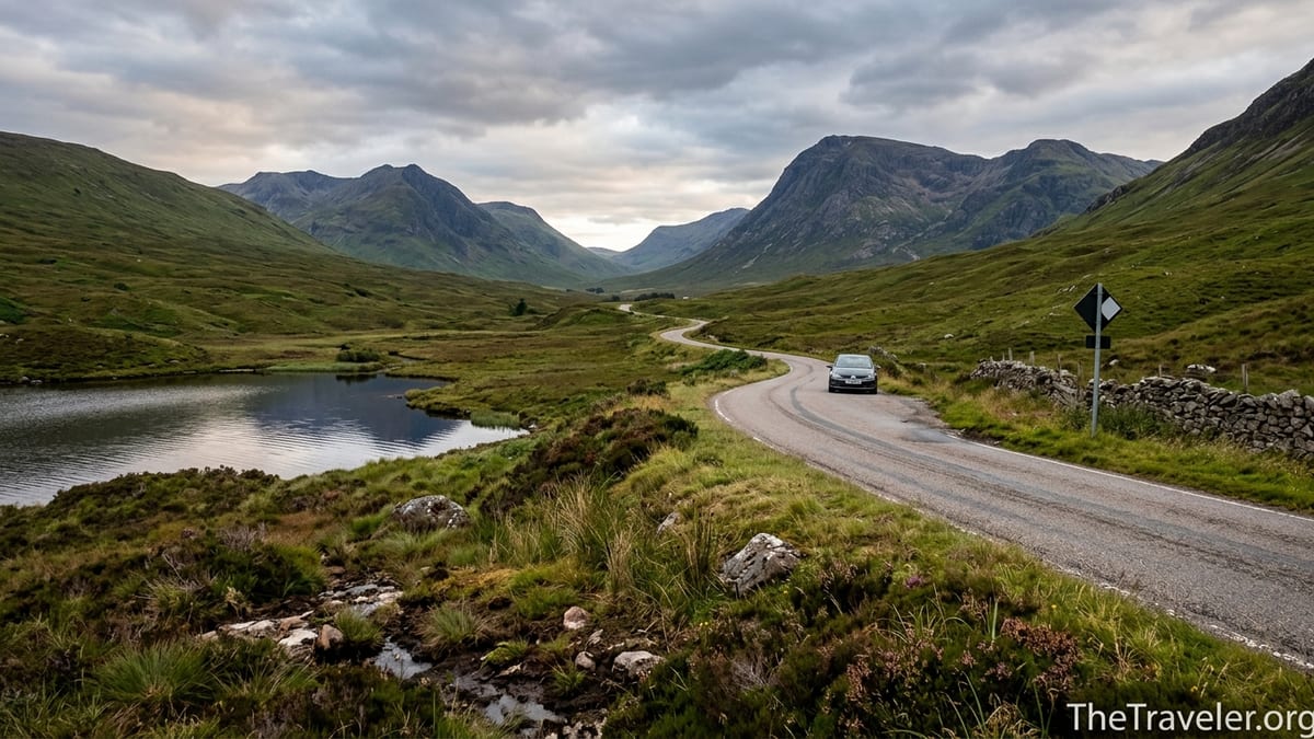 Single-track Highland road curving past a small loch toward distant Scottish mountains.