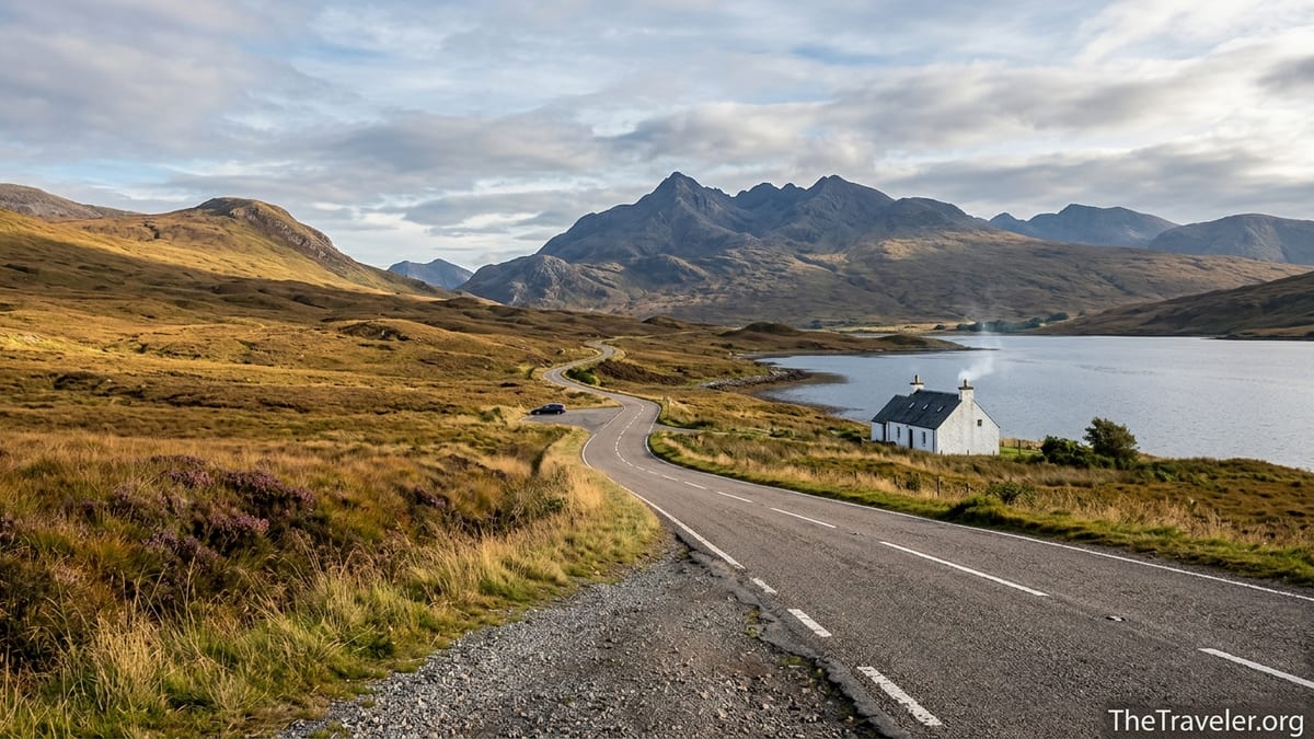 Winding single-track road through the Scottish Highlands beside a loch and distant mountains in soft afternoon light.