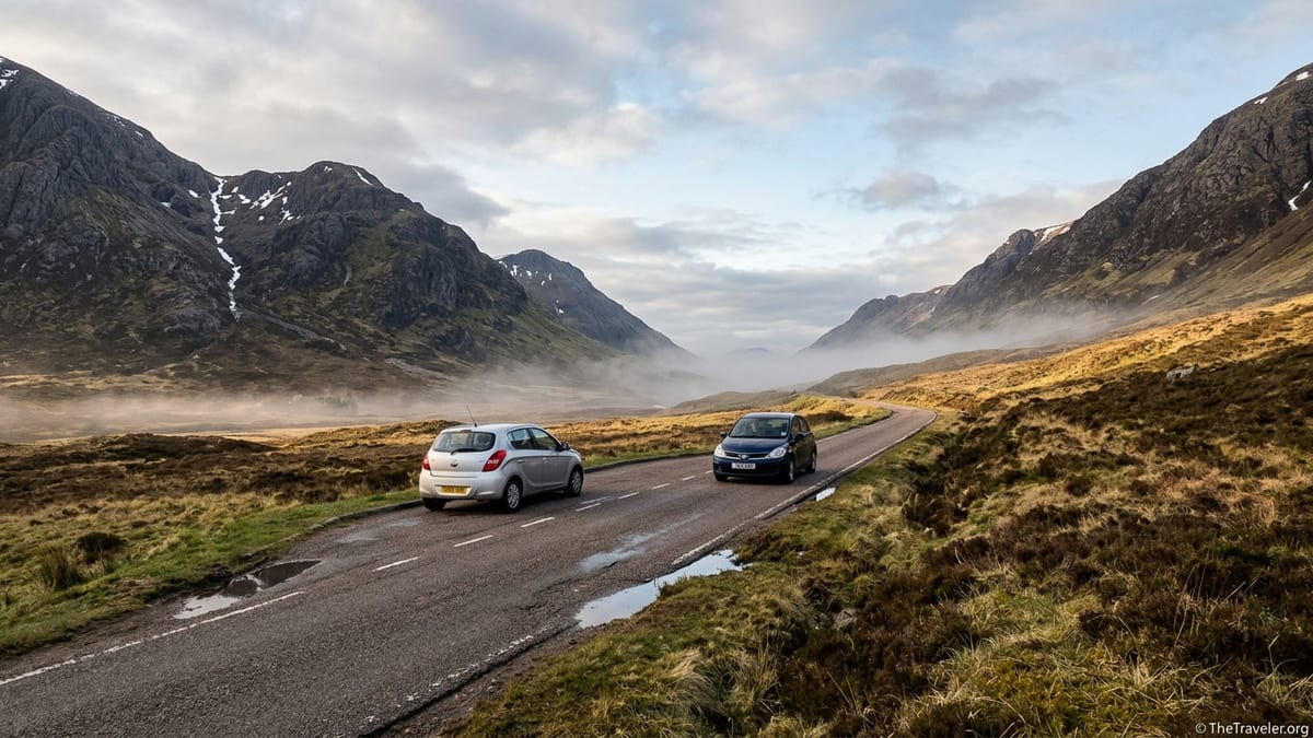 Single track road curving through Glencoe at sunrise with cars and misty mountains.