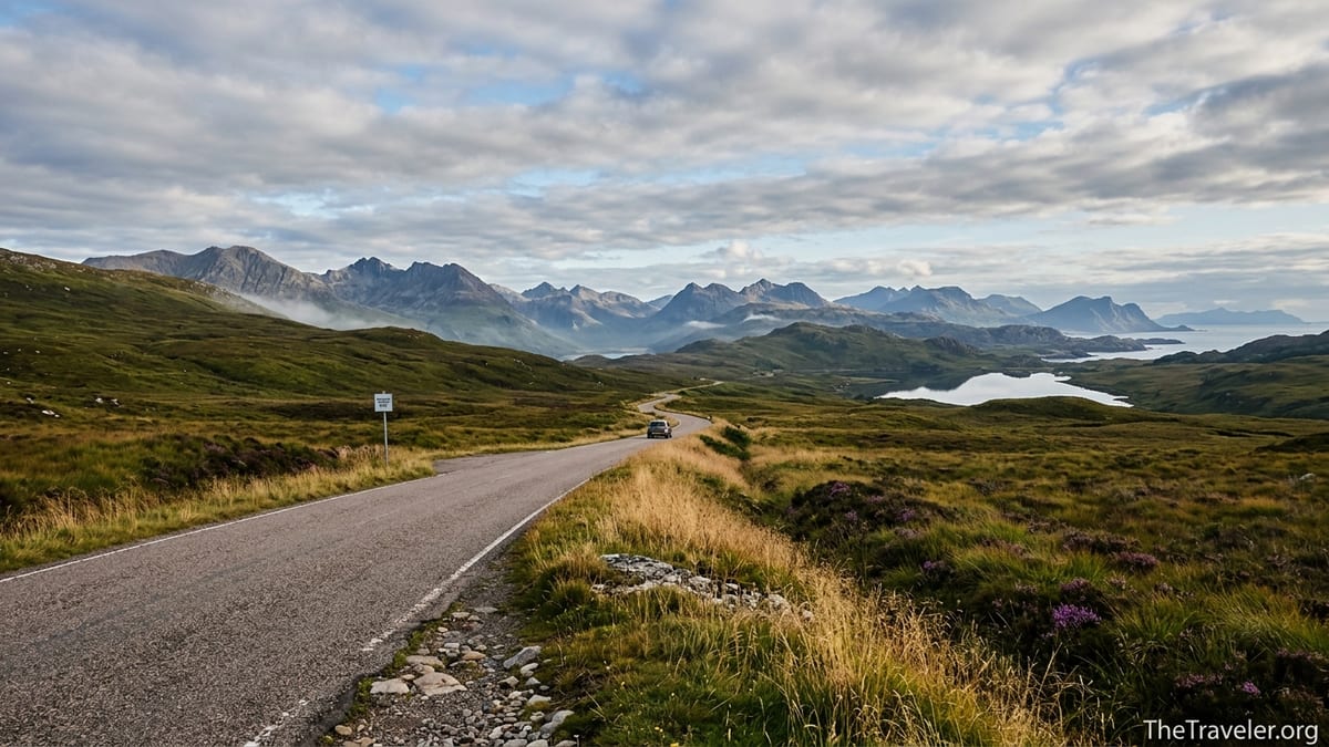 Single track Highland road with passing place sign winding toward rugged Scottish mountains.