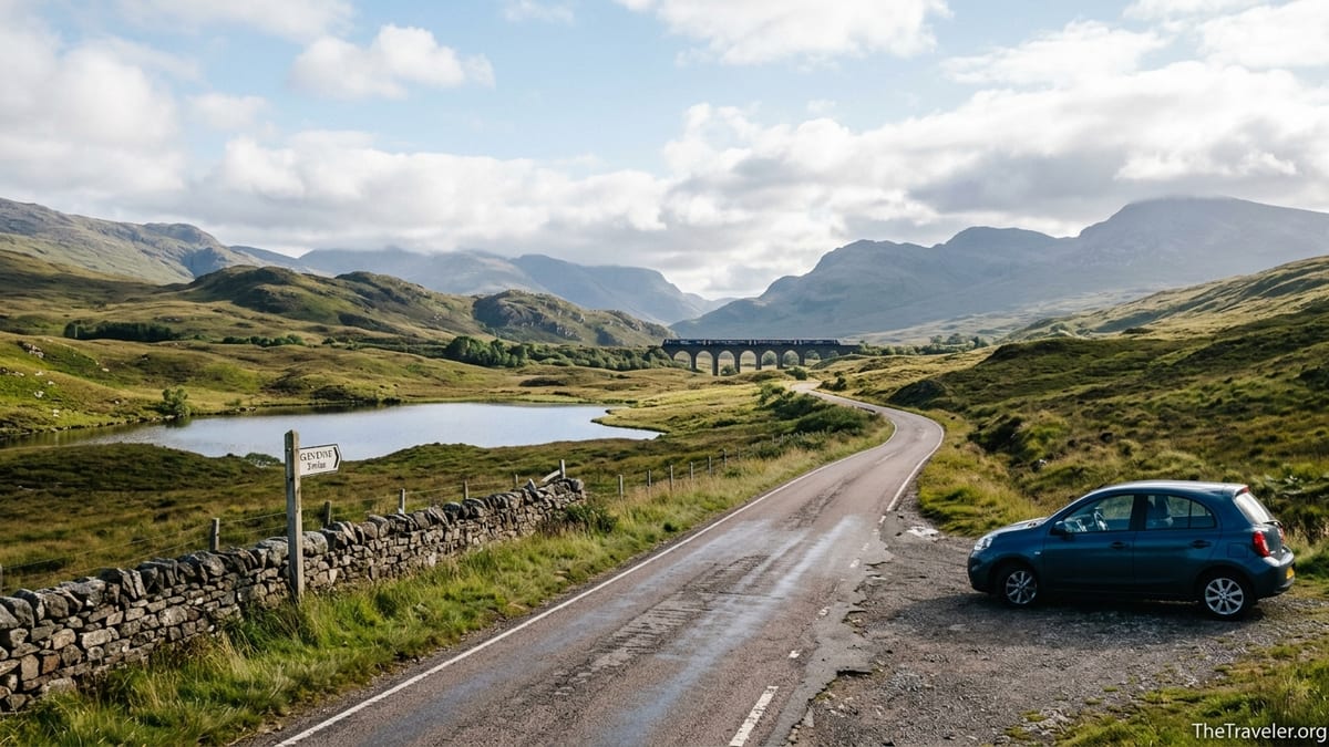 Scenic Scottish Highlands road with a loch, train viaduct and mountains in soft morning light.