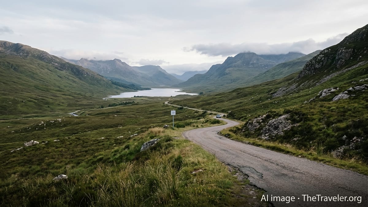 Curving single-track road through a misty Scottish Highlands glen with mountains and a distant loch.