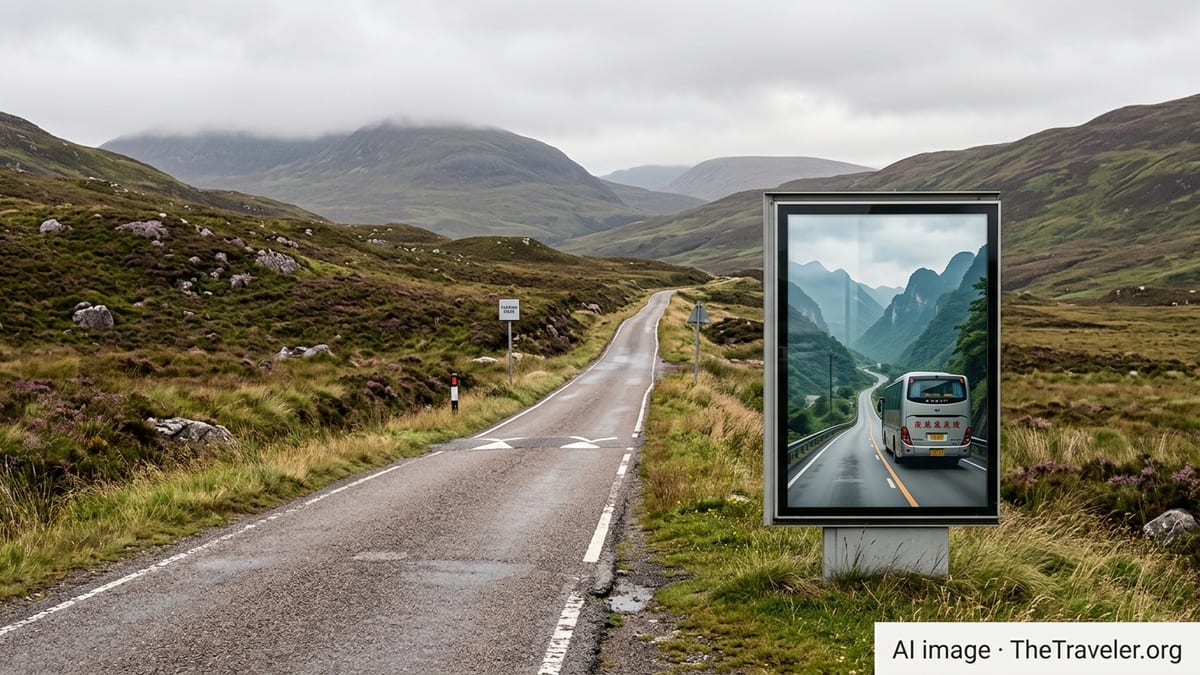 Scottish single-track Highland road with heather hills and a roadside advert showing an obviously East Asian mountain highway