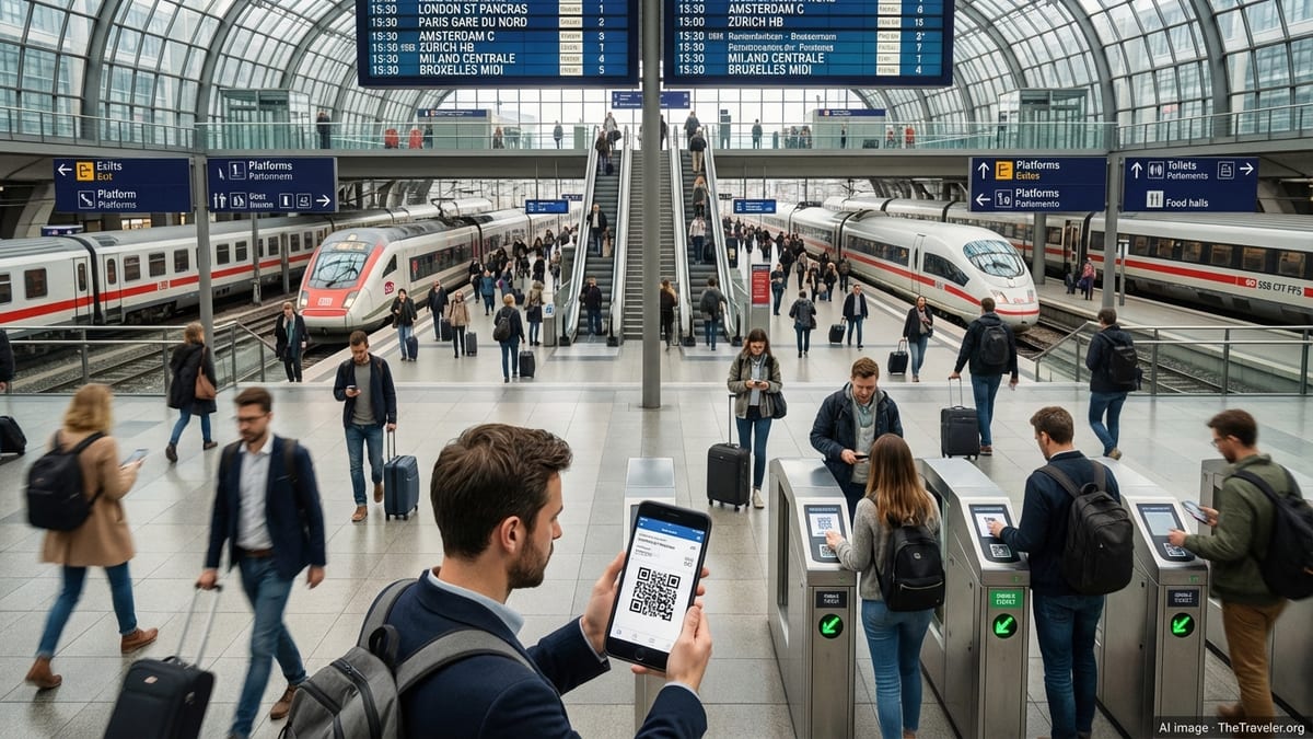 Travellers using smartphones for digital tickets in a busy European train station concourse.