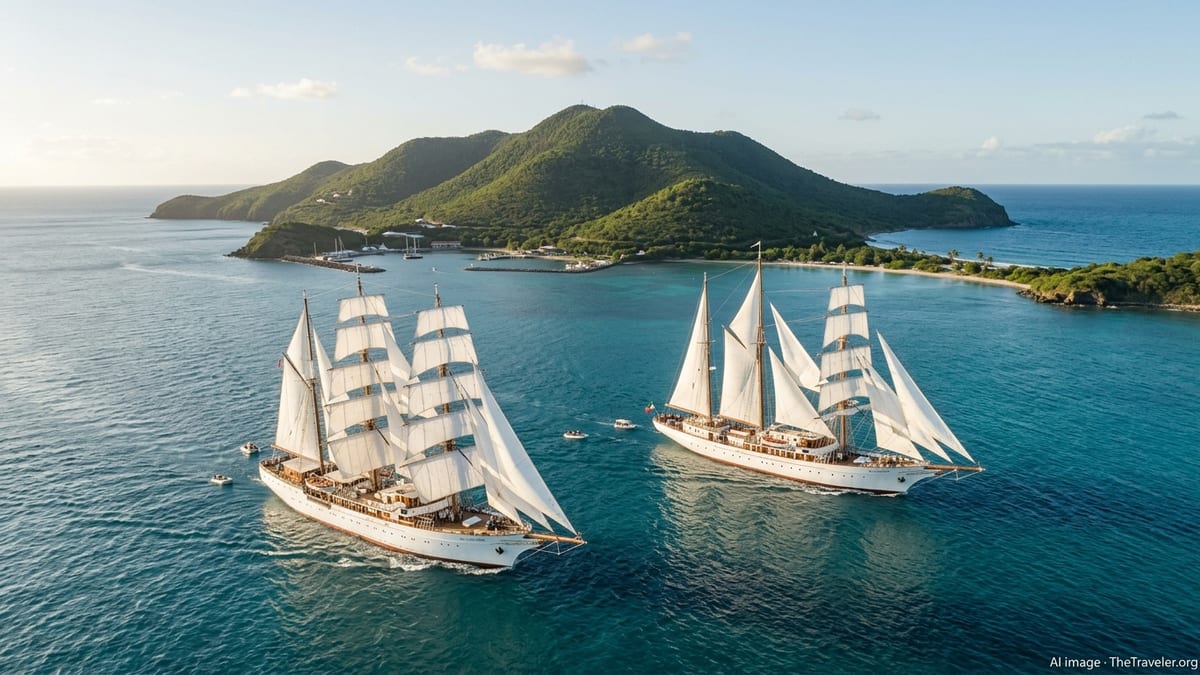 Sea Cloud Spirit and Sea Cloud II sailing under full sails in clear turquoise water near a green island.