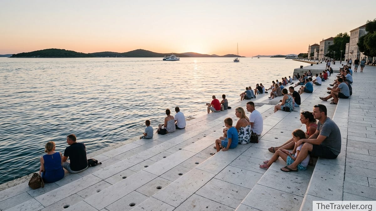 People sitting on the marble steps of Zadar’s Sea Organ at sunset facing the Adriatic Sea and islands.