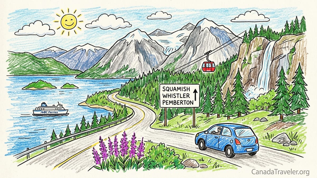 Car driving the Sea-to-Sky Highway above Howe Sound with mountains and ocean views.