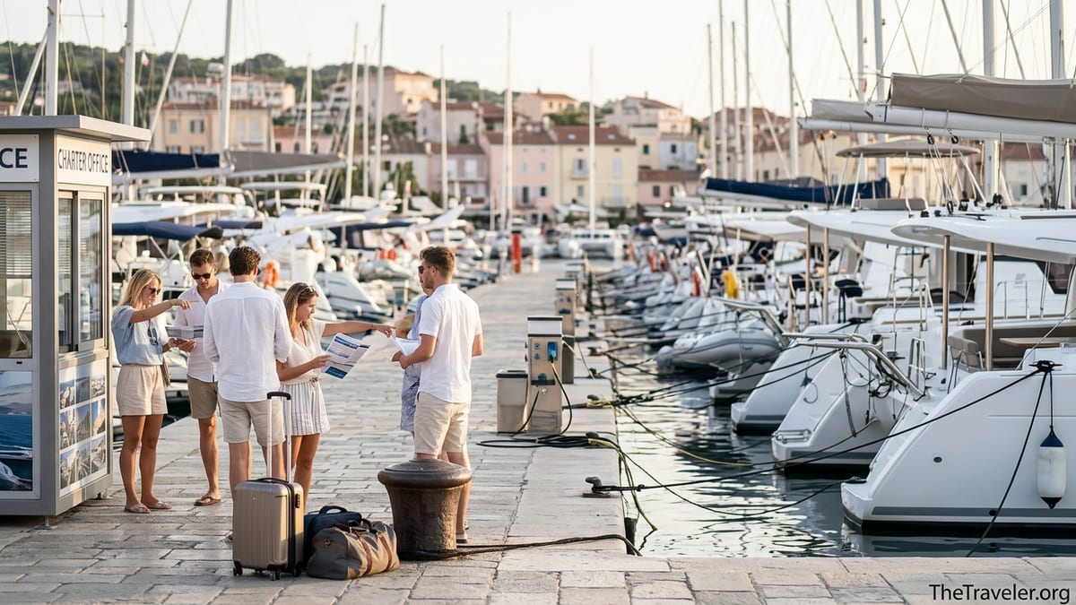 Travelers review yacht charter documents beside moored sailboats in a Mediterranean marina at sunset.