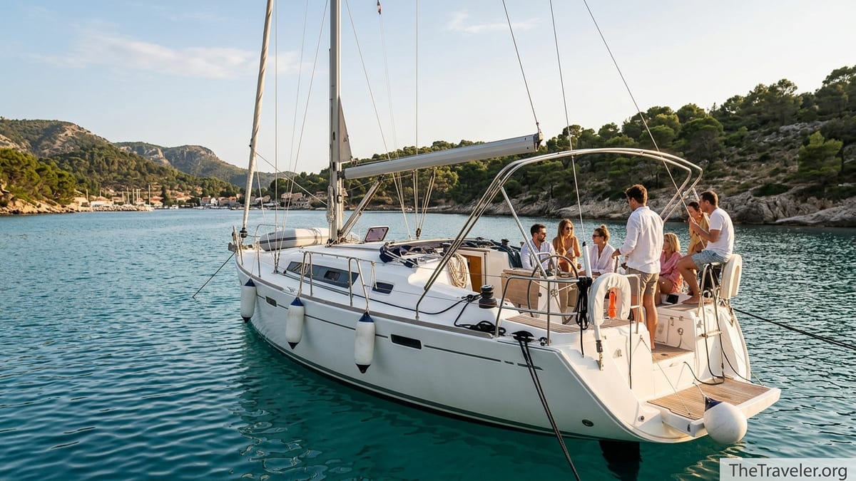 Sailing yacht at anchor in a calm Mediterranean bay with first-time travelers on deck