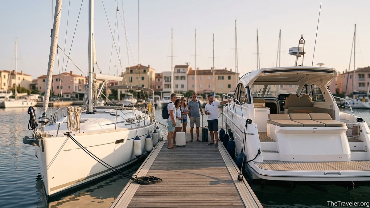 Travelers compare a sailing yacht and motor yacht side by side in a Mediterranean marina at sunset.