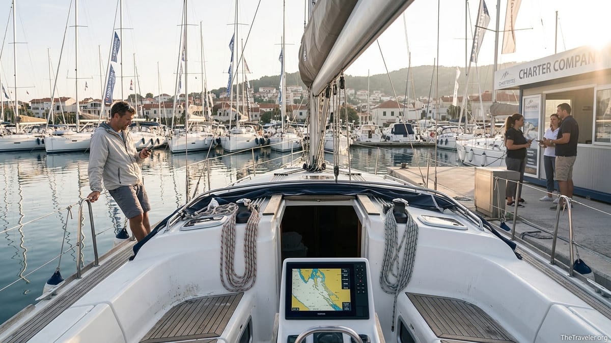 Skipper on a yacht in a Mediterranean marina comparing charter options on his phone.