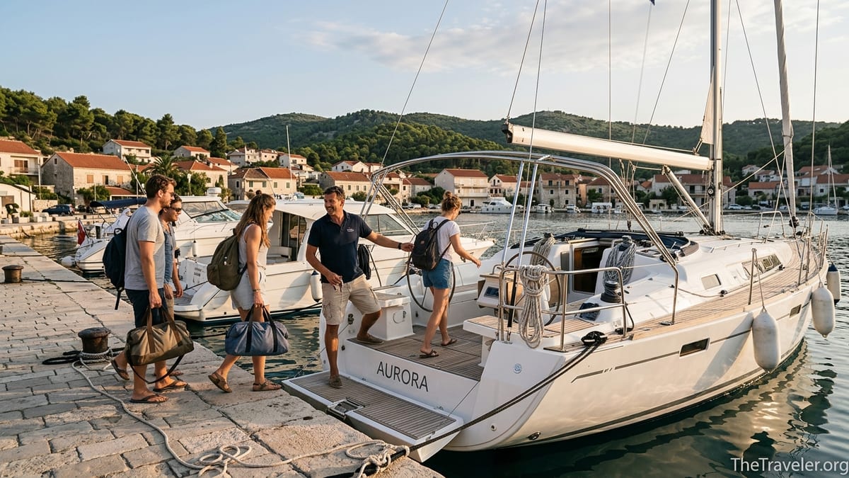 Travelers boarding a modern sailing yacht at a sunlit Mediterranean marina.