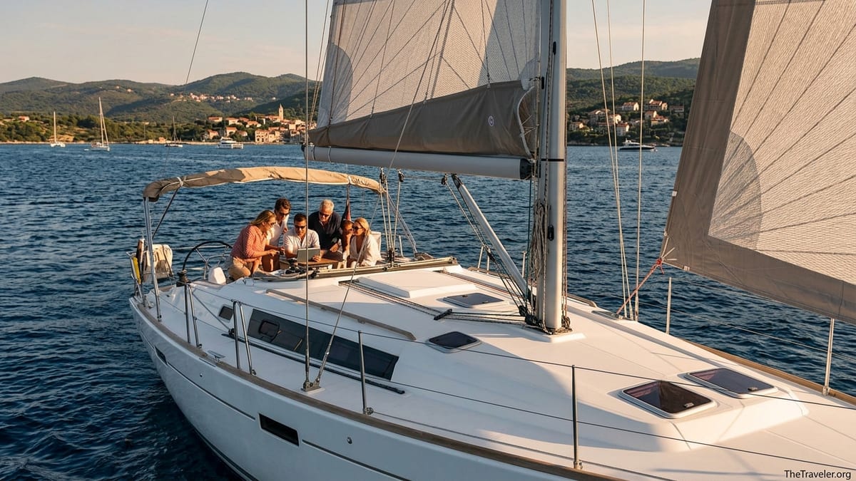Travelers relaxing on a charter sailing yacht cruising off a Mediterranean coastline at sunset.