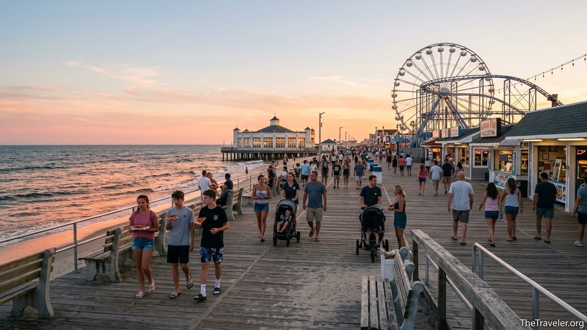 Summer sunset on the Seaside Heights boardwalk with families walking past Casino Pier and the beach.