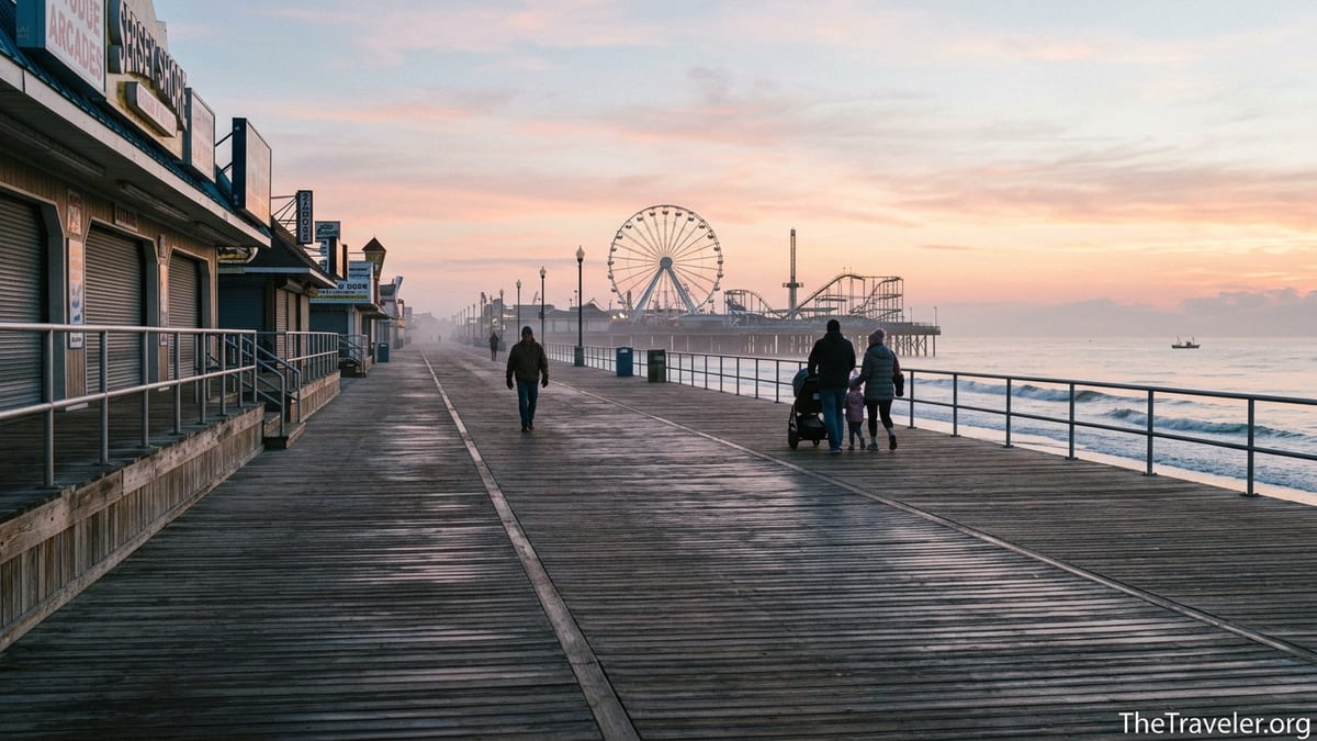 Sunrise over Seaside Heights boardwalk and Casino Pier with a few early walkers.