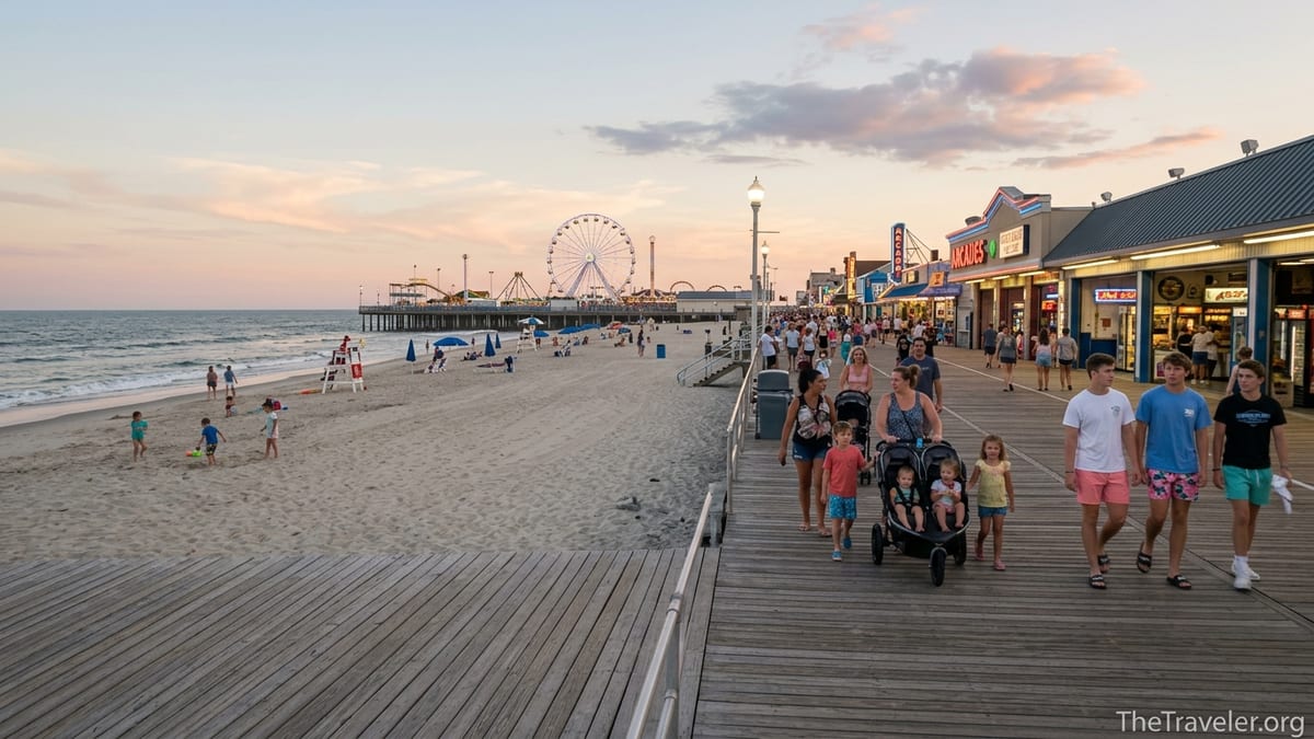 Families and young adults sharing the Seaside Heights boardwalk at sunset with beach and pier rides in view.