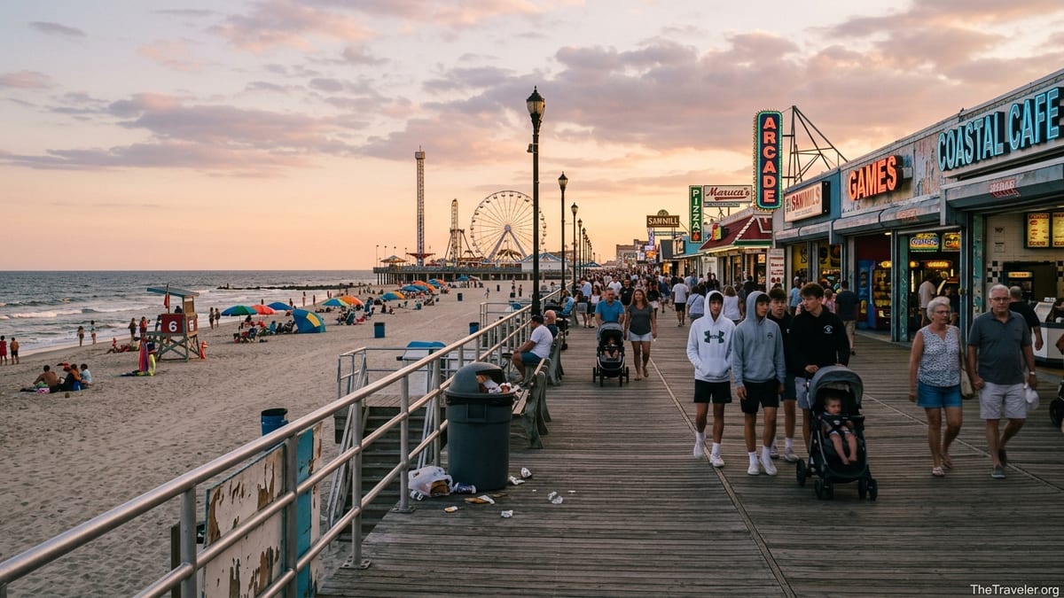 Golden hour view of Seaside Heights boardwalk with Casino Pier, beachgoers, and neon-lit shops.