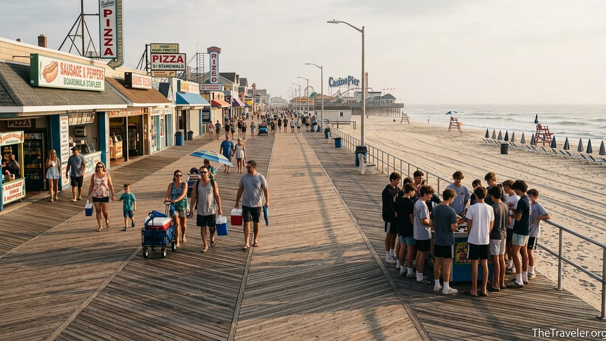 Busy summer morning on the Seaside Heights boardwalk and beach with Casino Pier in the distance.