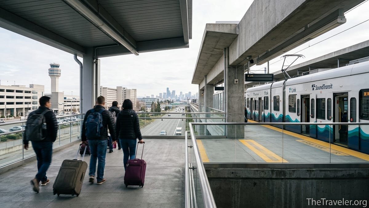 Travelers with luggage walking toward a waiting Link light rail train at SeaTac Airport station.
