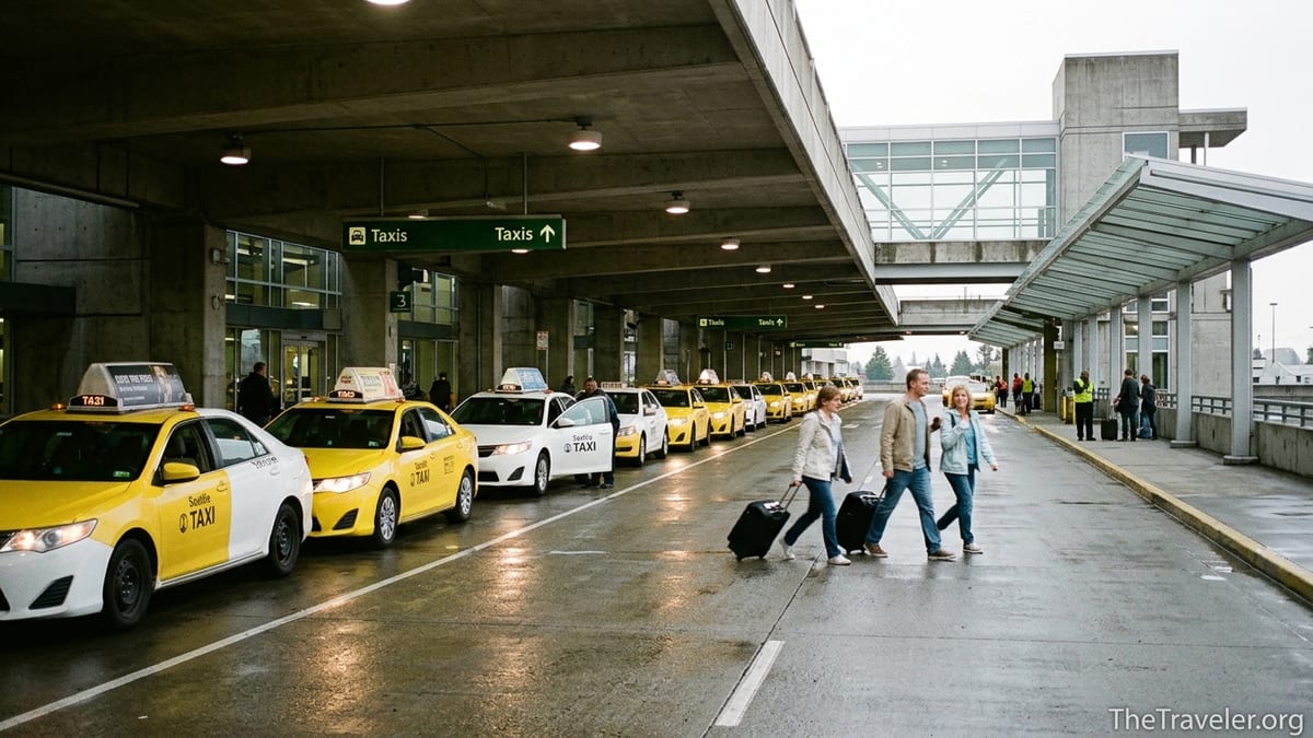 Travelers with luggage boarding taxis at Seattle–Tacoma Airport ground transportation area.