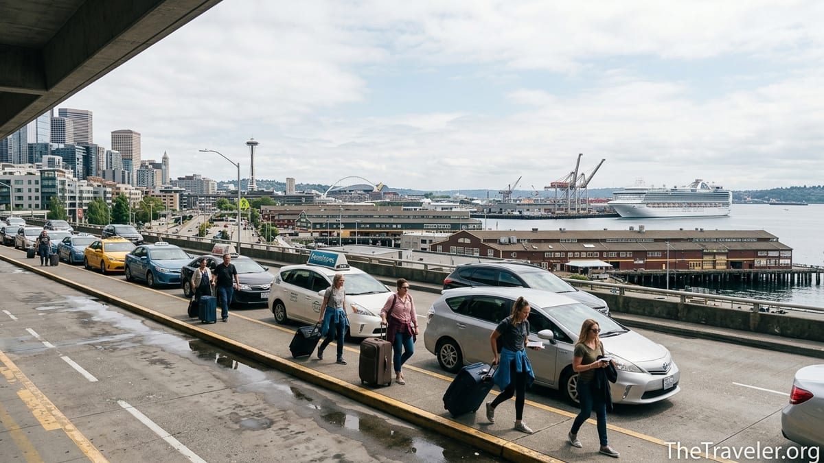 Travelers with luggage outside Seattle–Tacoma airport heading toward taxis with a cruise ship visible on the distant Seattle,