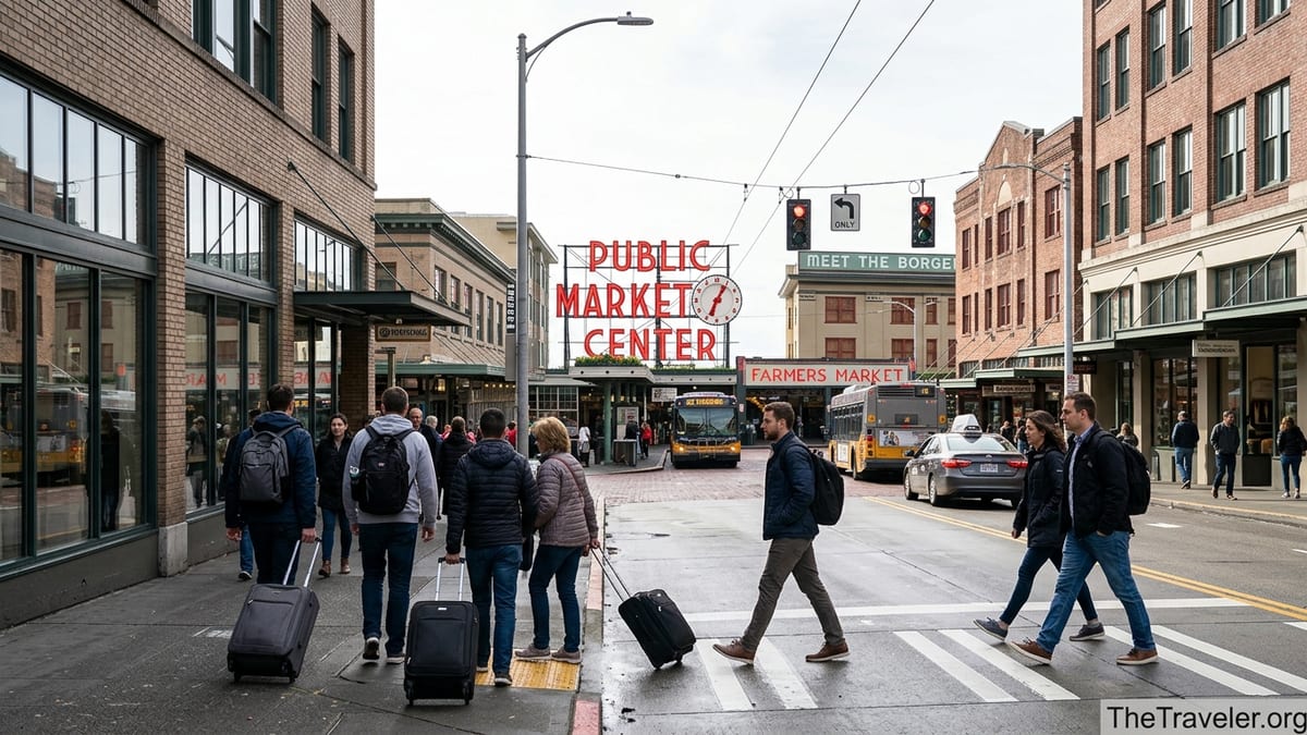 Travelers with luggage walking from Westlake toward Pike Place Market in downtown Seattle.