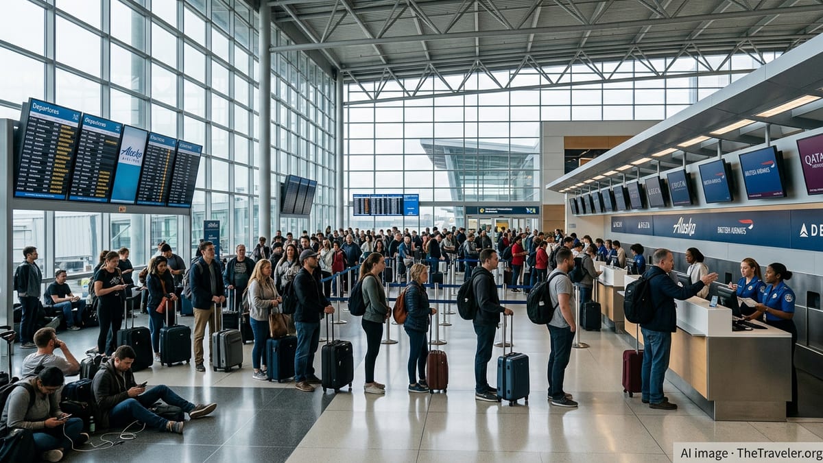 Crowded Seattle-Tacoma airport departures hall with long lines as flight delays mount.