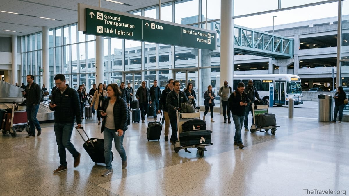 Travelers at Seattle–Tacoma International Airport following signs from baggage claim to ground transportation.