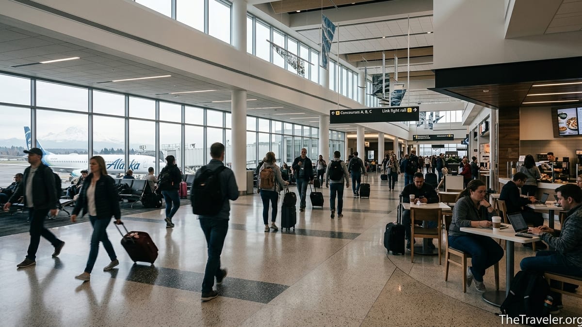 Travelers walking through Seattle–Tacoma Airport’s bright Central Terminal with windows overlooking aircraft and Mount Rainin