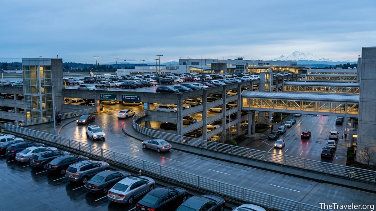 Evening view of Seattle–Tacoma Airport parking garage with cars, wet pavement and terminal skybridge.