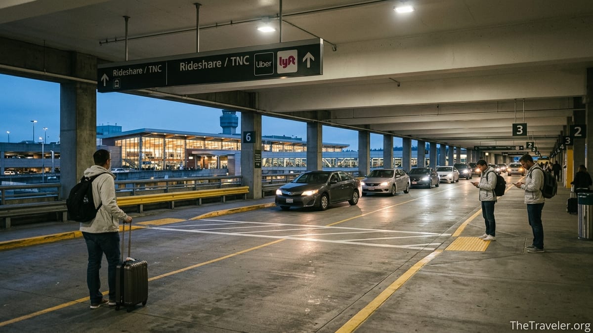 Travelers waiting with luggage at the Uber and Lyft pickup area in SEA Airport parking garage at dusk.