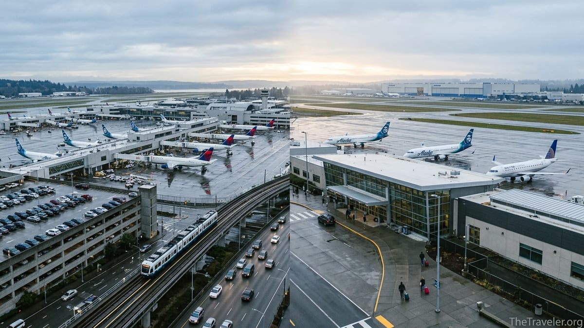 Aerial-style view comparing busy Seattle–Tacoma Airport with smaller Paine Field terminal in Everett on a cloudy morning.
