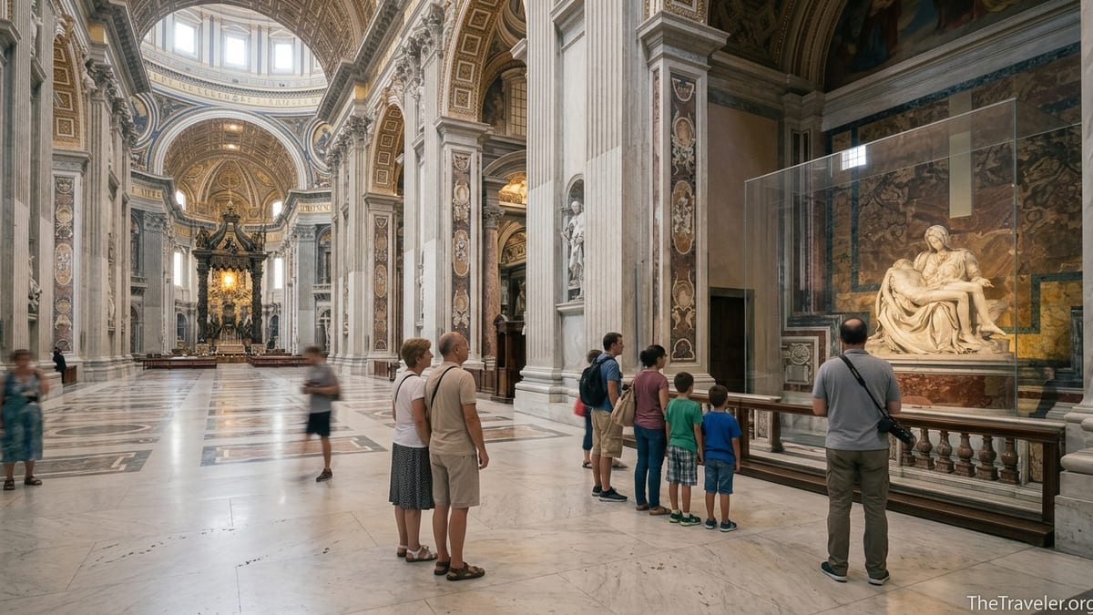 Travelers quietly viewing Michelangelo’s La Pietà inside St Peter’s Basilica in soft morning light.