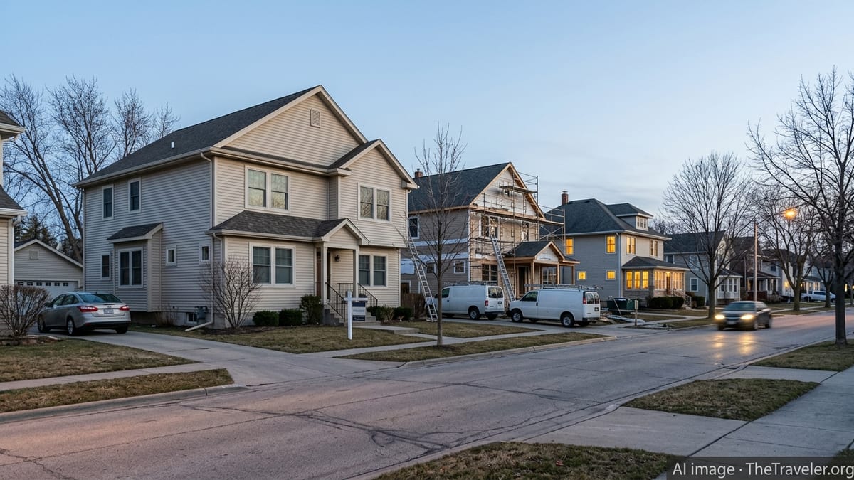 Suburban street with one home for sale, one under renovation and one unchanged at dusk.