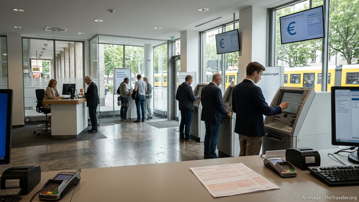 People using self-service terminals inside a modern German bank branch in daylight.