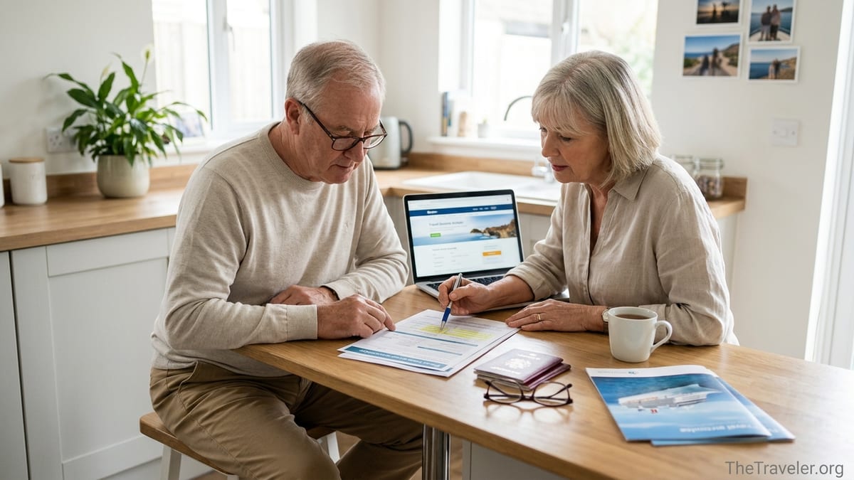 Senior couple in a bright kitchen comparing travel insurance documents before a holiday
