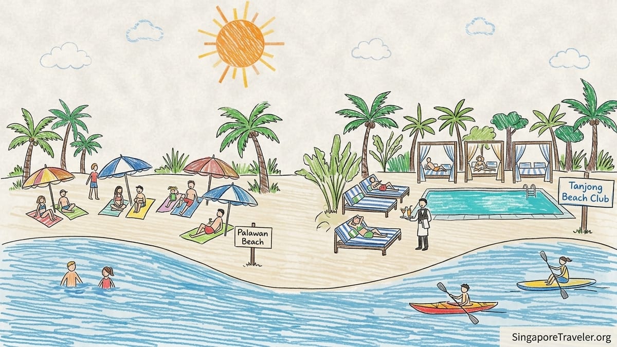Sunset view of Sentosa beach clubs with poolside daybeds and public beach along calm tropical sea.