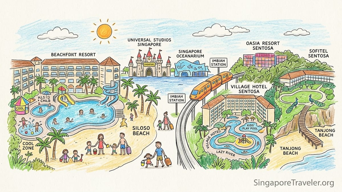 Family-friendly resort pool with children playing, palm trees and Sentosa hotels in the background.