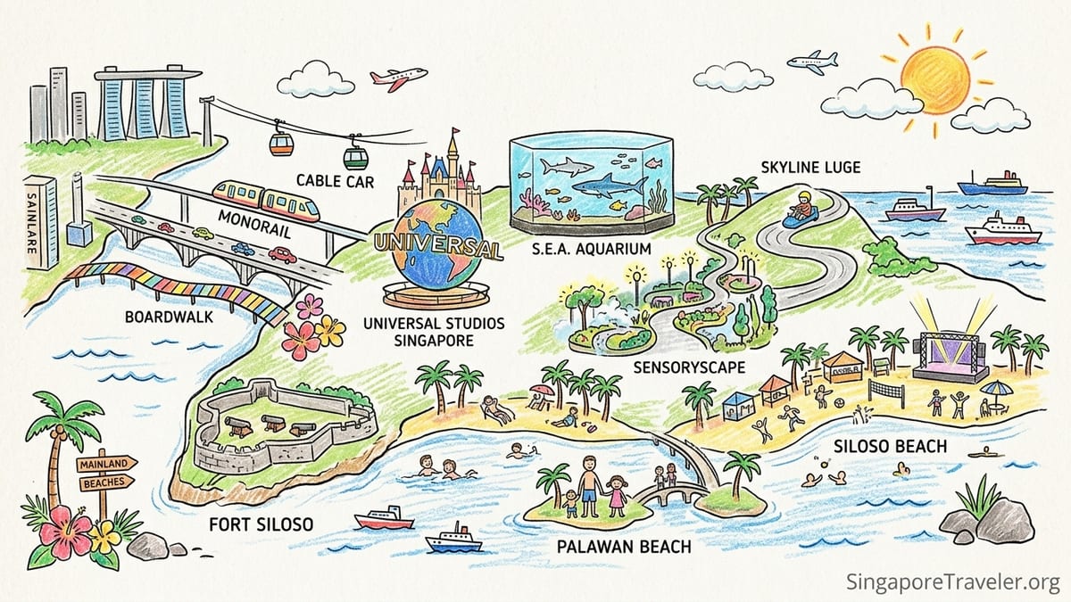 Sunset over Sentosa’s beaches with cable cars, foliage and relaxed visitors on the sand.