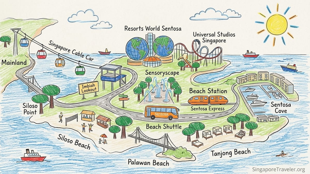 Aerial view of Sentosa’s beaches at sunrise with cable cars and resorts