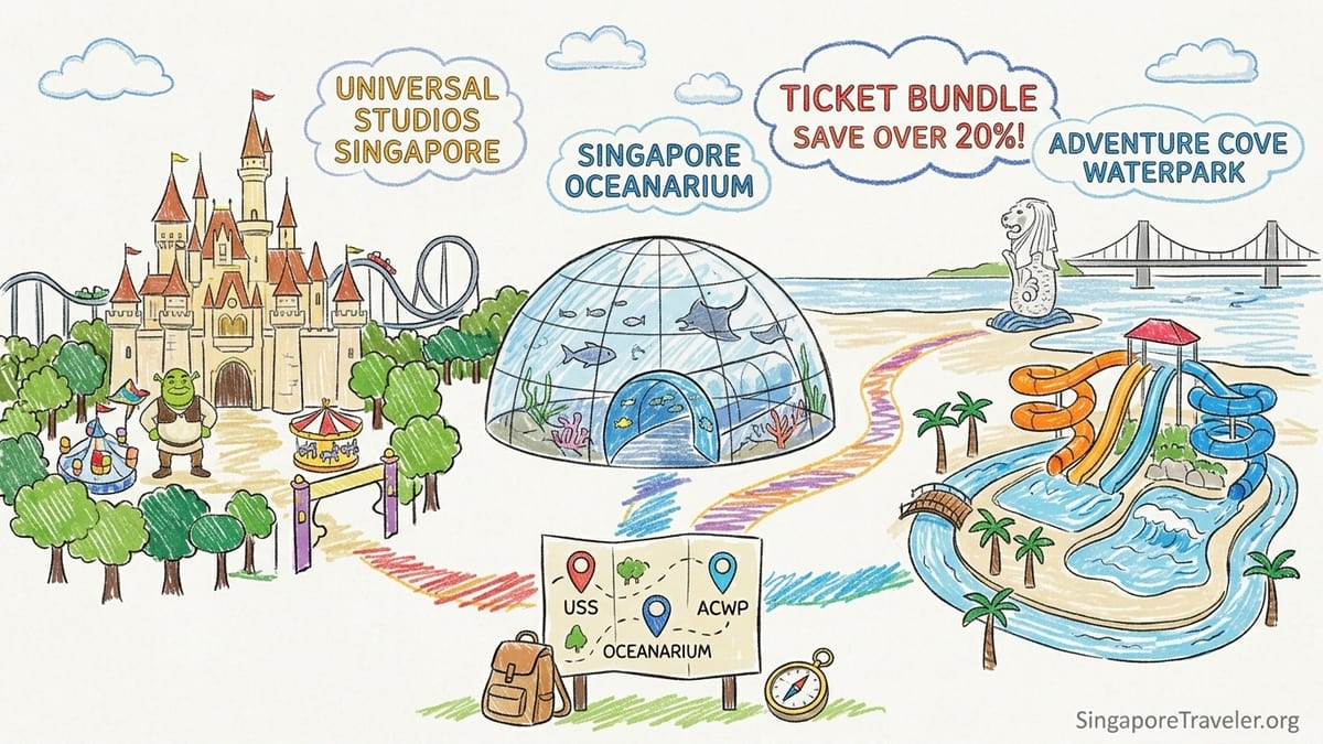 Visitors walking between Universal Studios Singapore and Singapore Oceanarium at Resorts World Sentosa.