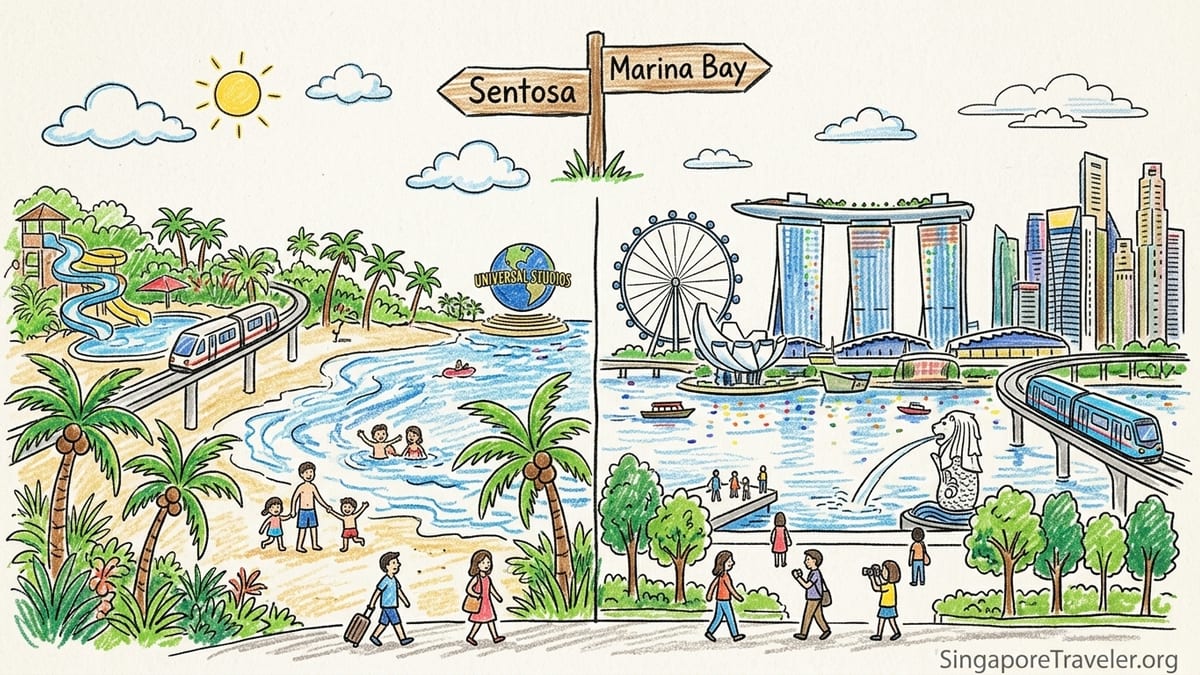 View contrasting Marina Bay’s skyline with Sentosa Island’s beaches and resorts at golden hour in Singapore.