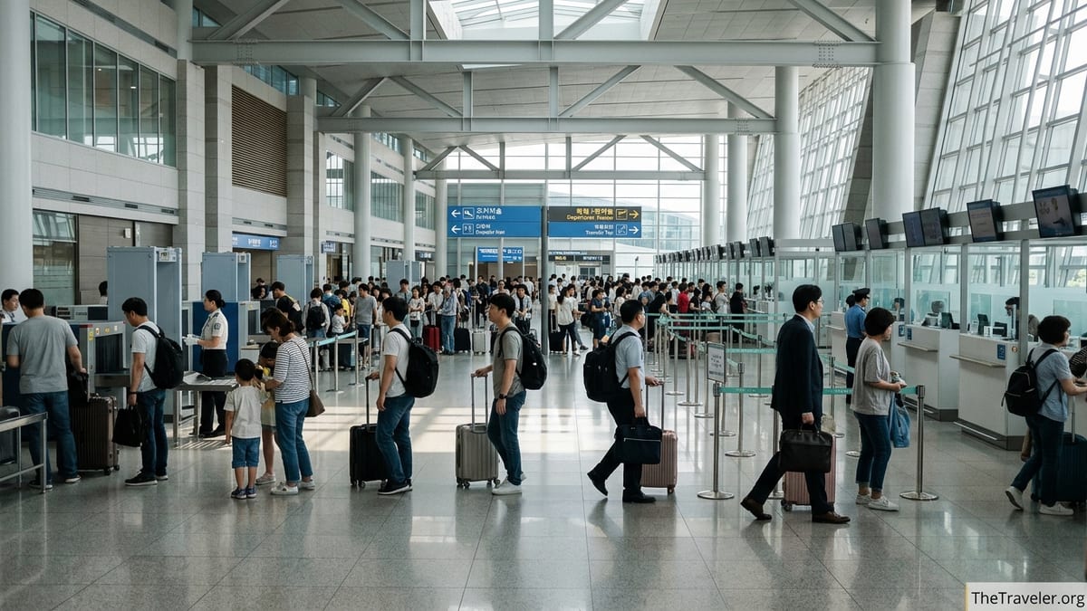Passengers queue at immigration and security in Seoul Incheon Airport’s bright terminal hall.