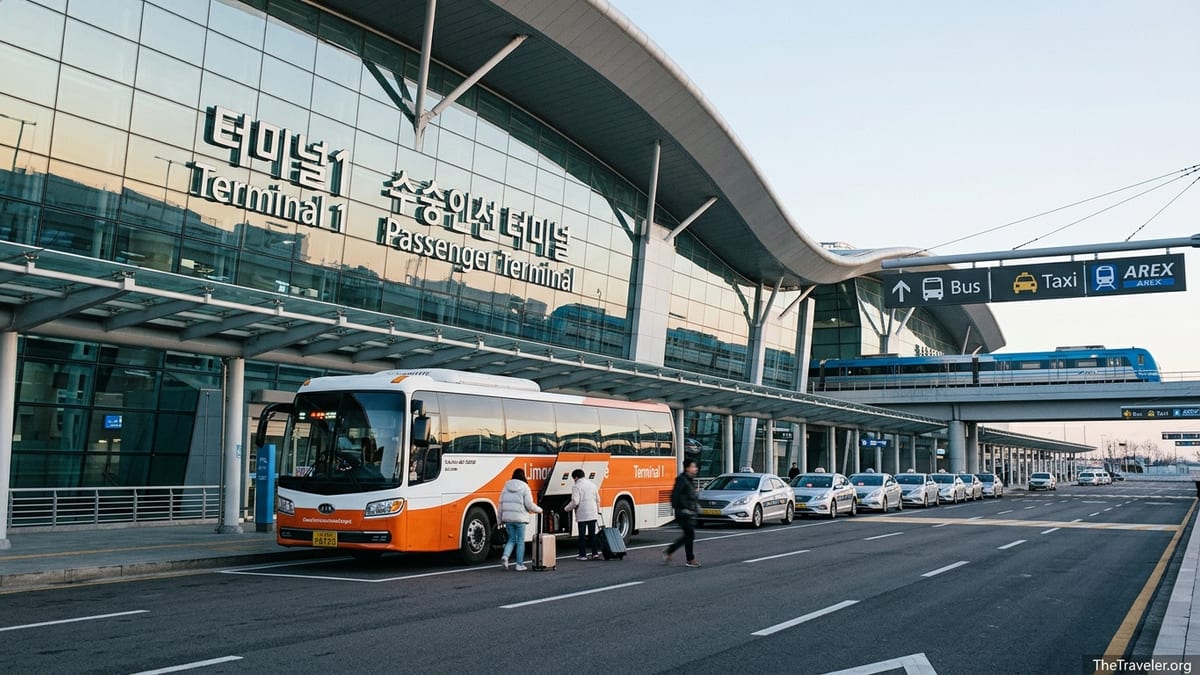 Travelers with suitcases boarding an airport limousine bus outside Seoul Incheon Airport.