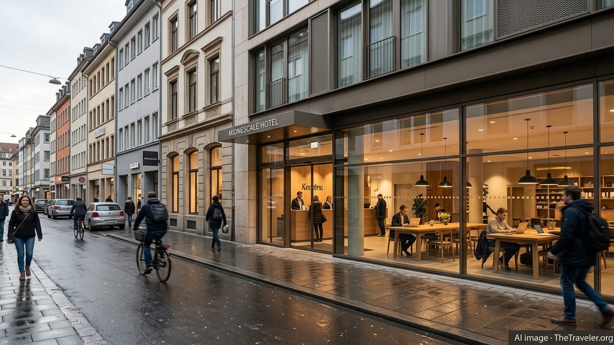 Street view of a modern midscale city hotel in Europe with people walking past after light rain.
