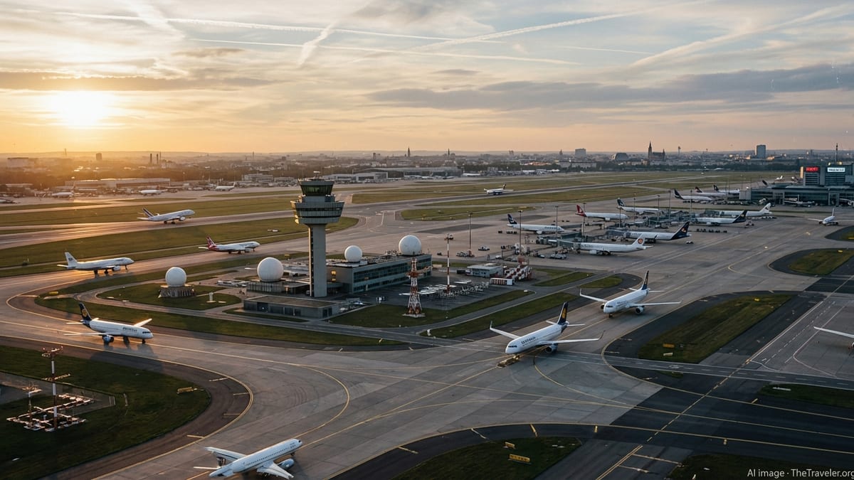 Aerial view of a busy European airport at sunset with aircraft and a control tower.