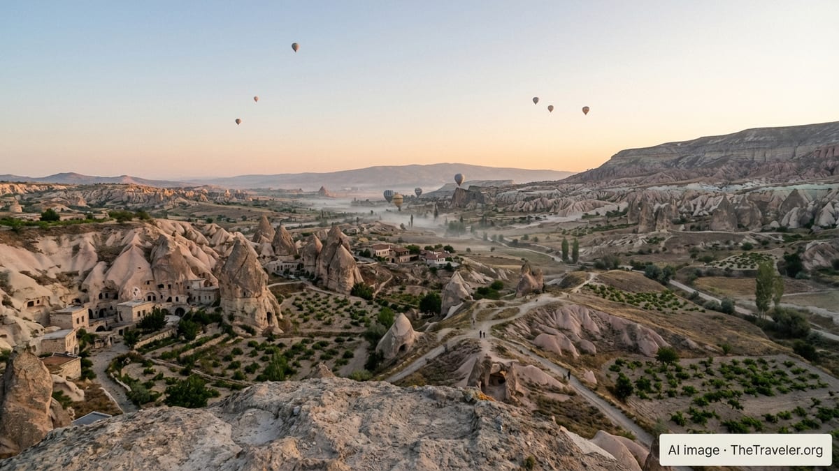 Sunrise over Cappadocia fairy chimneys with distant balloons and soft valley mist.