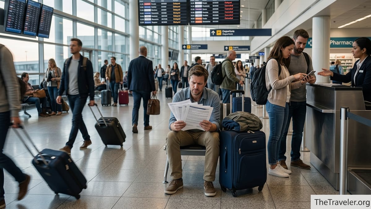 Traveler in an airport looking confused while reading travel insurance documents.