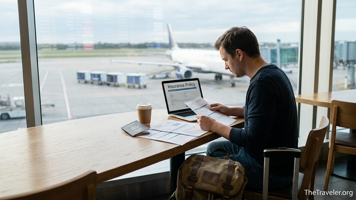 Traveler reviewing trip documents and insurance papers at an airport cafe table.