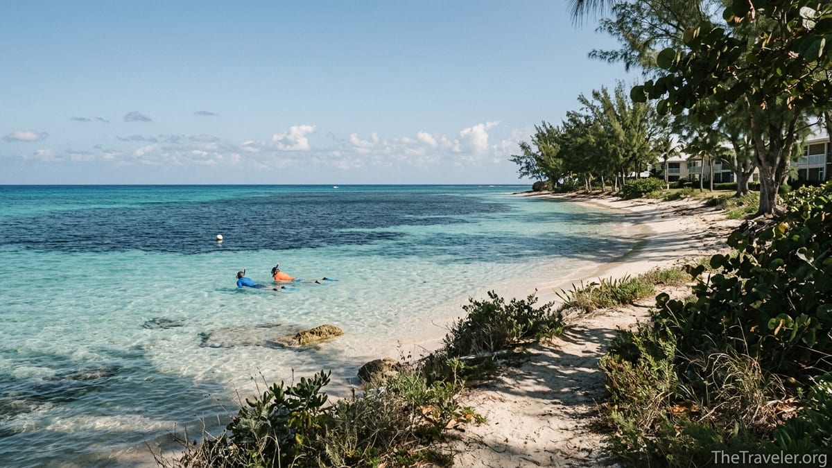Snorkelers swimming over clear turquoise water off Cemetery Beach on Grand Cayman’s Seven Mile Beach.